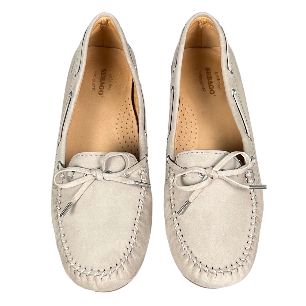 Sebago Harper Tie Women 7.5 Taupe Nubuck Leather Driving Moccasins Loafers